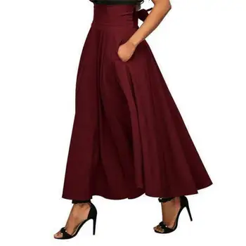 Augsta Vidukļa Kroku Ilgi Svārki, Sieviešu Vintage Bowknot Atpakaļ Uzliesmoja Pilnu Svārki Šūpoles Satīna Gruntis Melns Pelēks Sarkans