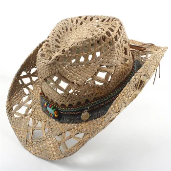 Dabas salmu cepure kovboju cepure sievietēm, vīriešiem handwoven kovboju cepure sievietēm pušķis vasaras rietumu plaša brimmed cepuri