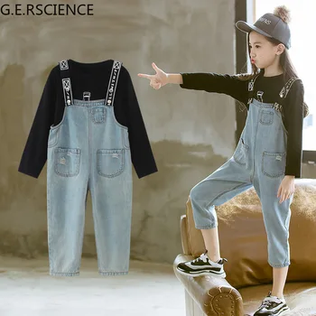 Ir 2021. pavasara bērnu apģērbs atbilstu meitene meitene T-krekls + džinsa kombinezons uzvalks rudens jaunatnes sporta