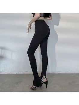 Ir 2021. Pavasara Vasaras Jaunā Modes Visas spēles Sexy Izdilis Spraugas Taisnu Kāju Bikses Melnā Augstu Vidukļa Slim Bikses Sievietēm Streetwear