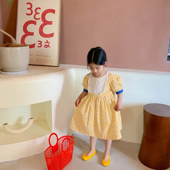 Ir 2021. Vasaras korejiešu stilā Jaunas Meitenes Ziedu Mežģīnes Raibs Princese Kleitas Toddler Bērniem Kokvilnas ar Īsām Piedurknēm Kleita