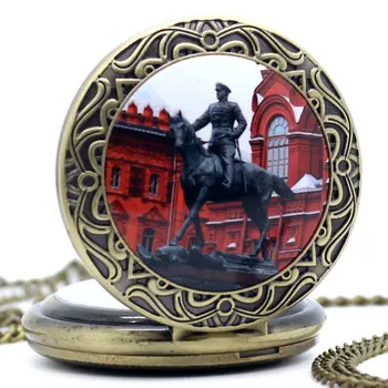 Krievija Maskavas Varonis Maršals Žukovs Dizaina Bronzas Vintage Kvarca Kabatas Pulksteņu& Fob Skatīties Ar Ķēdes Vīriešiem Zēns Dāvanu