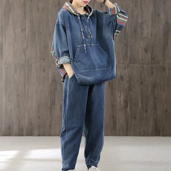 Masss Wasss Korejiešu Modes Dizaineris Dāmas Svītrainām Džinsa Divi Gabali Komplekti Sieviešu Kapuci Topi Un Elastīga Harēma Bikses Plus Lieluma