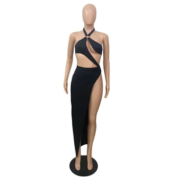 Melnas Peldbikses 2 Gabals Bikini Komplekti, Vasaras Apģērbs Sievietēm Karājas Kakla Izgriezt Caurumu Bodysuit+gari Svārki Brīvdienas Treniņtērpi