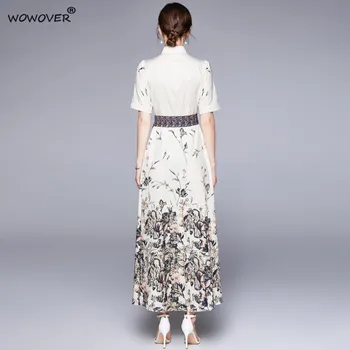 Modes Dizainere Vasaras Īsām Piedurknēm Ziedu Drukāt Midi Krekls Kleitas Sievietēm Ir 2021. Mežģīnes Up Vintage Aline Gadījuma Svētku Drēbes