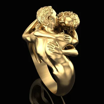 Modes Radošu Dizainu Cirsts Misiņa Skaitļi Ādams un Ieva Ķēriens Gredzenu Pāris Skūpsts Skulptūru Gredzenu Bohēmas Romantisko Rotaslietas Dāvanu