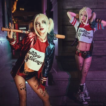 Pašnāvību Cosplay Kostīmi Harley Squad Kvinna Cos Izšuvumi Mētelis T-krekls Piederumi, Pilns Komplekts, Puse Kleita Halovīni Kostīmi