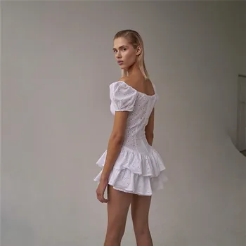 Puff Sleeve Sieviešu V Kakla Kroku Balta Vasaras Mini Kleita Ruffles Modes Dobi No Vintage Balli Drēbes Puse Kleita Melnā Vestidos