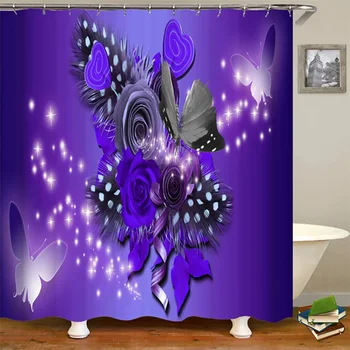 Purpura Ziedu&Tauriņš Vannas istaba ar neslīdošu Paklājiņu Komplekts Izturīgs, Ūdensnecaurlaidīgs Dušas Aizkaru Komplekts Pjedestāla Paklāju Vāks Tualetes Vāka Vannas Paklājiņš