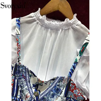 Svoryxiu Skrejceļa Dizainers Vasarā Divas Gabals, kas Sieviešu Modes Zili Baltā Drukā Īsām Piedurknēm Blūze + Bikses Komplektus
