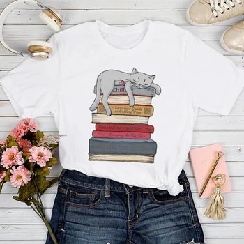T-krekli, Sieviešu Kaķis, Svītrains Kafijas Funny Multiplikācijas filmu Drukāšana Pavasara Vasaras Tshirt Top Lady Stilīgs Meitene Print Drēbes Tee T-Krekls