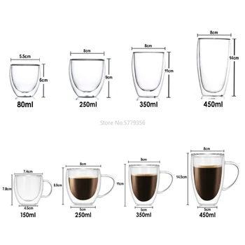Termiski Izturīgs Dubultās Sienas Stikla Kafijas Tējas Tases Ceļojumu Dubultā Slāņa Kafijas Krūzes Ar Rokturi Krūzītes Espresso Shot Brilles