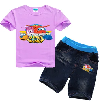 2-16Y 2021. gada Vasarā Bērni Super Spārniem Apģērbu Komplekts Meitenēm Jett Toddler Apģērbu Zēniem ar Īsām Piedurknēm T Krekls Denims Džinsi 2pcs Set Suits