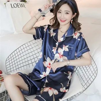 2020. gada Vasaras Īsām Piedurknēm Zīda Satīna Bikses, Pidžamas Komplekti Sievietēm Drukāt Sleepwear Uzvalks Pidžamas Homewear Pijama Mujer Mājas Drēbes