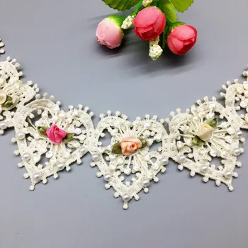 20X Vintage Kokvilnas Sirds Pērle, Rožu Ziedi Aprikožu Mežģīnes Apdari Lentas, Auduma Izšūti Roku darbs Šūšanas Amatniecības DIY Raibs