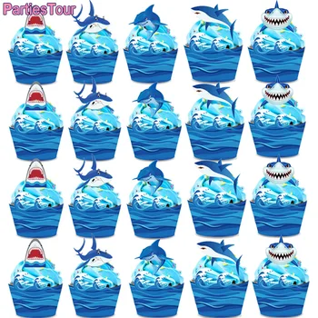 24pcs Jūras Tēmu Zilā Haizivs Cupcake Kūka Toppers Wrapper Haizivs Dzimšanas dienas svinības Kūka Toppers Baby Dušas Puses Decortions