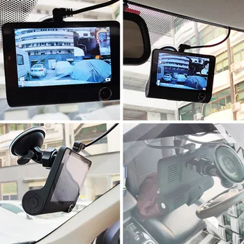 4 Collu Dash Cam 3 Objektīvs, 1080P HD Auto DVR Dual Objektīvs Vienlaicīga Ierakstīšana Dashcam Ar Atpakaļskata Kameru, 24 Stundu Autostāvvieta Monitors