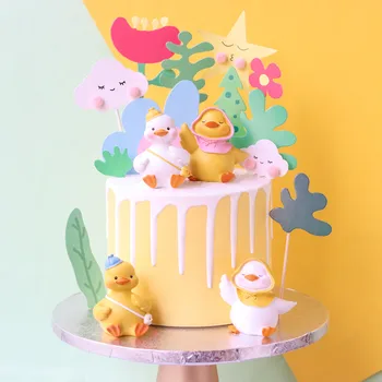 Baby Duša Cute Maz dzeltenā pīle balta pīle Kūka Topper Kartes Komplekts HAPPY Birthday Party Deserts Plug-Apdares Piederumi