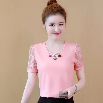 Dāmas Korejas Mežģīnes Raibs Vasaras Šifona Blūze Sieviešu Modes Īsām Piedurknēm Liela Izmēra Krekli, Topi Blusas Mujer