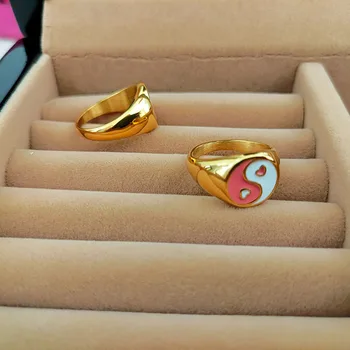 Emaljas rozā sirds ying yang gredzeni sievietēm nerūsējošā tērauda zelta kārtu signet gredzeni gudrs bezmaksas piegāde par egirls y2k rotaslietas