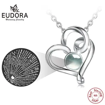 Eudora 925 Sterling Silver, es mīlu tevi, 100 valodās Projekcijas Classic sirds Mīlestību, Kulons, kaklarota, Rotaslietas Par Dzimšanas dienas dāvanu