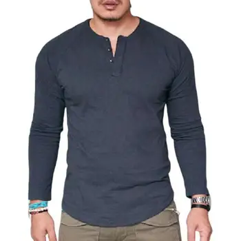 Gadījuma vienkrāsainu vīriešu T-krekls apaļu kakla pogu garām piedurknēm krekls Slim fit plus lieluma streetwear