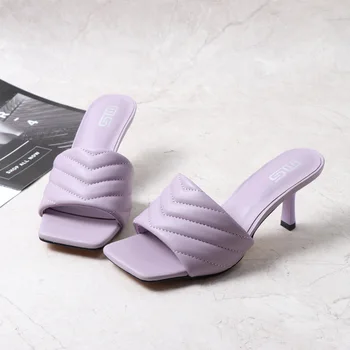 Ir 2021. Mūsdienu Čības, augstpapēžu kurpes Sexy Tievu Papēdi Cietā Sieviešu Slaidi polsterēta Ādas Sūknis Atvērtu Purngalu Puse Kleita Valkāt Āra Sieviete
