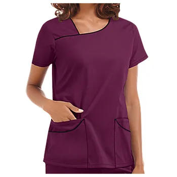 Ir 2021. Sieviešu Īsām Piedurknēm V-veida Kakla Kabatas Aprūpes Darbinieku T-Krekls Topi Vasaras darba Apģērbi Topi Sexy Iespiesti Māsa Vienotu Klīnika Blūze