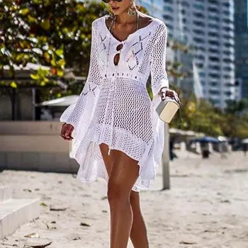 Ir 2021. Vasaras Tamborētas Baltas Pludmales Kleita Sieviešu Pludmales Cover Up Sievietes Bikini Peldkostīms Uz Augšu, Dāmas Beachwear