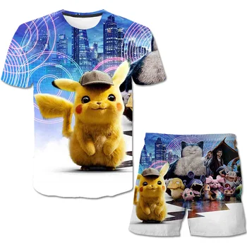 Ir 2021. Vasaras Zēni Drukāt Karikatūra T-kreklu Komplekti Teen Meitenēm 3D Anime Pokemon Pikachu Apģērbs Bērniem, Apģērbs Topi, Drēbes Bērniem