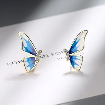 Jauns Dizains Zilu Emalju Butterfly Sudraba Auskari 925 Sterling Rotaslietas CZ Zircon Stud Auskars Sievietēm anillos bijoux