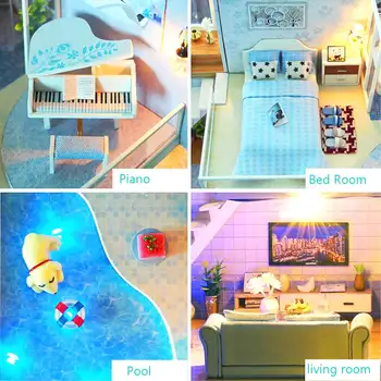 Koka Leļļu Mājas mēbeles, Mēbeles Diy 3D Miniaturas Namiņš Beach Baseins Klavieres Mēbeles Komplekts Ar LED Rotaļlietas Bērniem Dzimšanas dienas Dāvanas