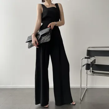 Korejas Šiks Biroja Dāmas Uzstādīt Modes 2-Gabals Piemērots Sievietēm Ar Kvadrātveida Kakla Vaļīga Veste Top + Augsta Vidukļa Kroku Plaša Kāju Bikses