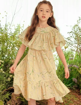 Korejiešu Meitenes Ziedu Drukāt Vasaras Kleita Ir 2021. Jaunu Bērnu, Ruffles Piedurknēm Māsas Kleitas 8 10 12 gadiem