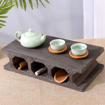Masīvkoka tējas komplekts plaukts tējkanna turētājs rotājumu bāzes izolēta, violeta smilšu pot mat tējas paplātes, tējas ceremonija