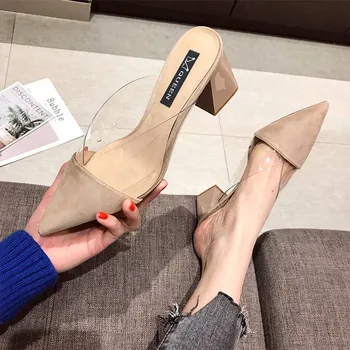 Norādīja Toe Zamšādas Kvadrātveida papēdi Augstiem papēžiem Muller čības sievietēm ir 2021. vasaras kurpes sieviešu Modes Raibs Sekla dāmas kurpes