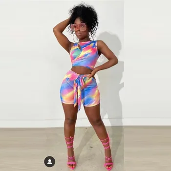 Oluolin Tie Krāsošanas Romper 2021. Gada Vasaras Sexy Piedurknēm Pārsējs Playsuits Izdilis Bodycon Jumpsuit Streetwear Modes Apģērbi