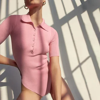 Retro Y2k Modes Vienu Krūtīm, Cietie Polo Kakla Ribu Adīt Ar Īsām Piedurknēm Krekls Sievietēm Ir 2021. Vasarā, Slim, Sexy Bodysuits Jumpsuits