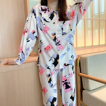 Rudenī Sieviešu Pidžamas Komplekts Dziedātāja Pogu Dizaina Mickey Mouse Drukāt Sleepwear Mājas Drēbes, 2 gab. Komplekts Naktsveļu Pyjama Disney