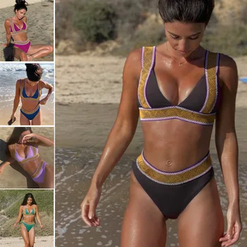 RUUHEE Peldkostīms Sievietēm Bikini Cietā peldkostīms Raibs Purpura Bikini Komplekts Ar Paliktni, Sieviešu Augsto Vidukli, Beachwear Biquini