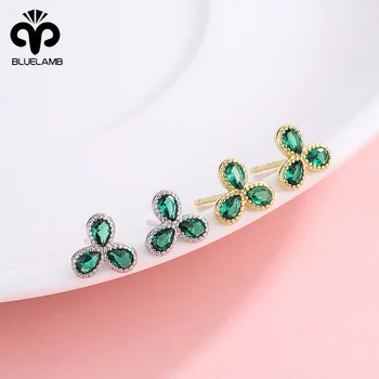 S925 Sudraba korejas Trīs-Lapu Zieds Elegants auskariem Sieviešu Modes Smaragda Auskari Vintage Smalkas Rotaslietas