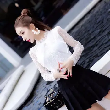Savirmot Jaunu 2020. Gadam Sieviešu apģērbu Balts Mežģīņu Krekls Topi Loku Sieviešu Elegants ilgtermiņa piedurkne S-XL Mežģīņu Blūzes stāvēt kakla krekli apģērbi