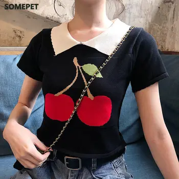 Sieviete TShirts Īss T-krekls Sievietēm Vasarā Retro Meitene Apkakle Top Kultūraugu Top Mujer Camisetas