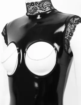 Sieviešu Slapjš Izskatās, Lakādas Apakšveļas Bodysuit Augsta Kakla Sexy Piedurknēm Atvērtu Krūšu Crotchless Mežģīņu Apdari Leotard Naktsveļu