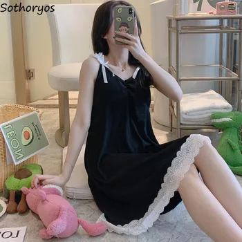 Sieviešu Vasaras Nightgowns bez Piedurknēm Sexy Mežģīņu Gadījuma Sleepwear ar Polsterētām Raibs Vienkārša Sieviete Nightdress Sleepshirts korejiešu