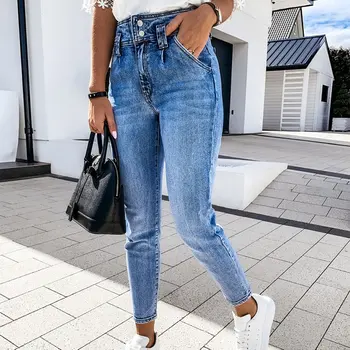 Sieviešu Zilā krāsā ar Augstu Vidukļa Zīmulis Slim Jeans Pogu Kabatās, Dāmas Džinsa Bikses Ir 2021. Pavasara Vintage Streetwear Bikšu Sieviete Apakšā