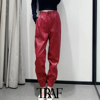 TRAF Sieviešu Modes Sānu Kabatām, Mākslīgās Ādas Skriešanas Bikses Vintage Augsti Elastīgs Viduklis Aukliņu Sieviešu Apavi Bikses Mujer