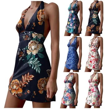 Vasaras Modes Sieviešu Ziedu Drukāt Sexy Piedurknēm Backless Pavada Mini Kleita Beach Off-plecu Slim Elegants Kleitas Vestidos