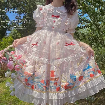 Vintage Kawaii Tēja Puse Princese Lolita Kleita JSK Japāņu Salds Gudrs Meitene Print Mīkstās Meitene Spageti Siksnas Kleita Sievietēm Vestidos