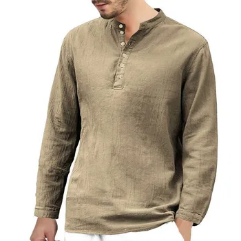 Vīriešu Krekls Kokvilnas Veļa tīrtoņa Krāsu Stand Apkakli, garām Piedurknēm Krekls Smart Casual Vīriešu Blūze Plus Izmērs S/M/L/XL/XXL
